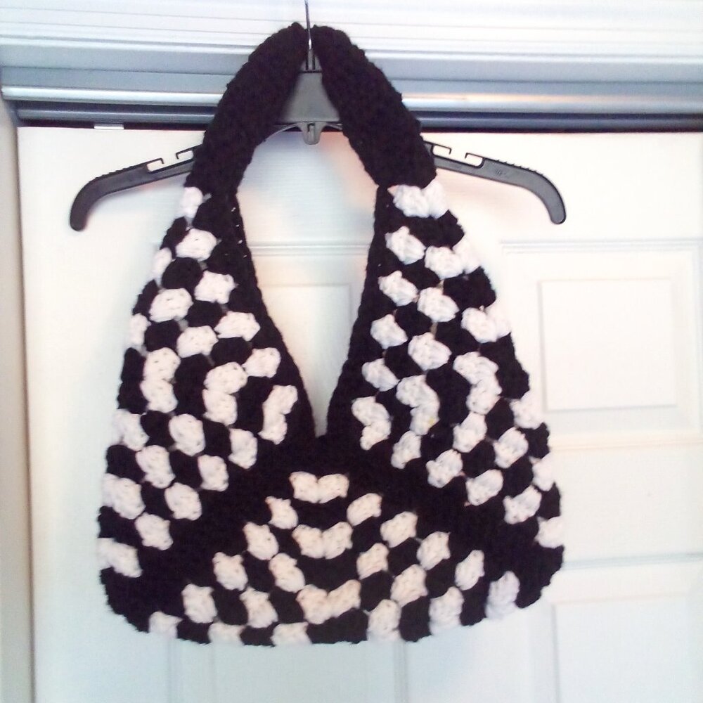 Hand Crafted Granny Square Purse, Color Black and White, Size Medium.